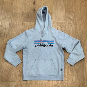Patagonia Light Blue Hoodie with Patagonia Logo Men’s Small/Women’s Medium